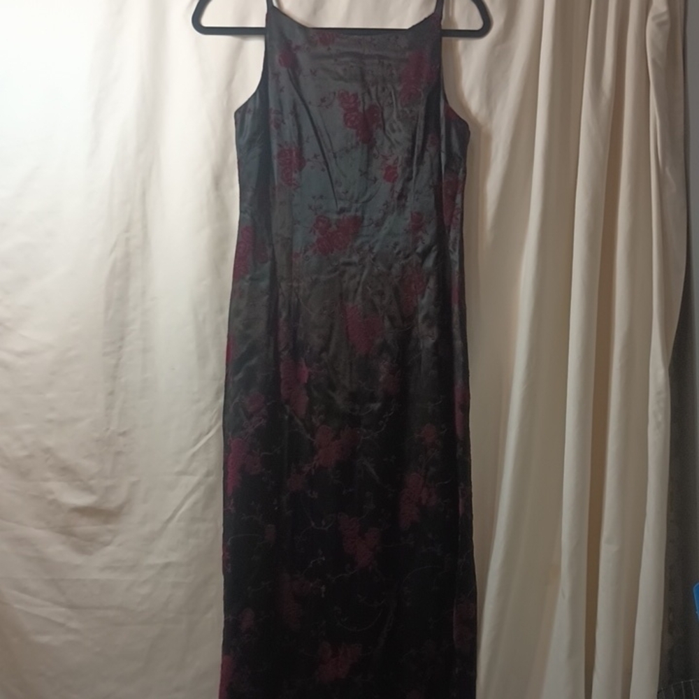 Gently Used Black Satin and Red Floral Flocking Dress